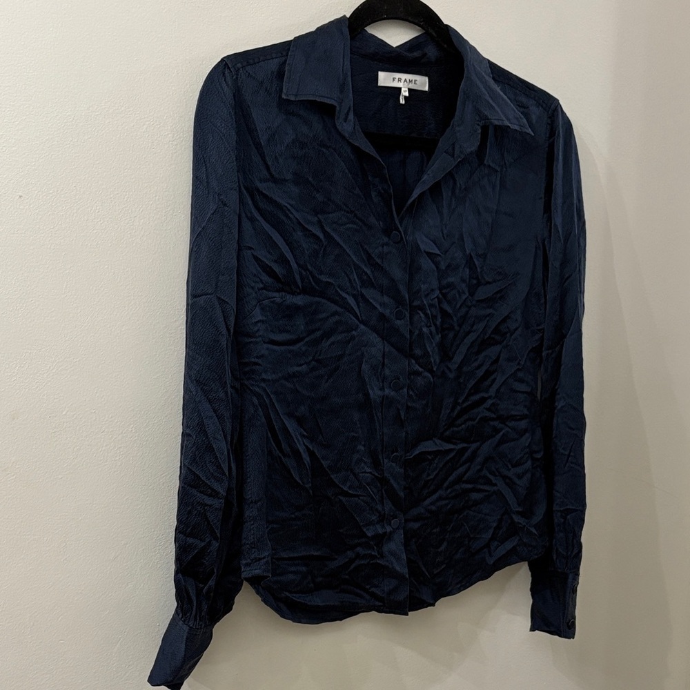 Frame Denim navy blue button down silk blouse - women’s size small